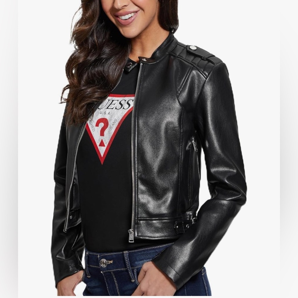 NWT- Current GUESS Women's Black Leather Jacket S small - fitted / biker jacket